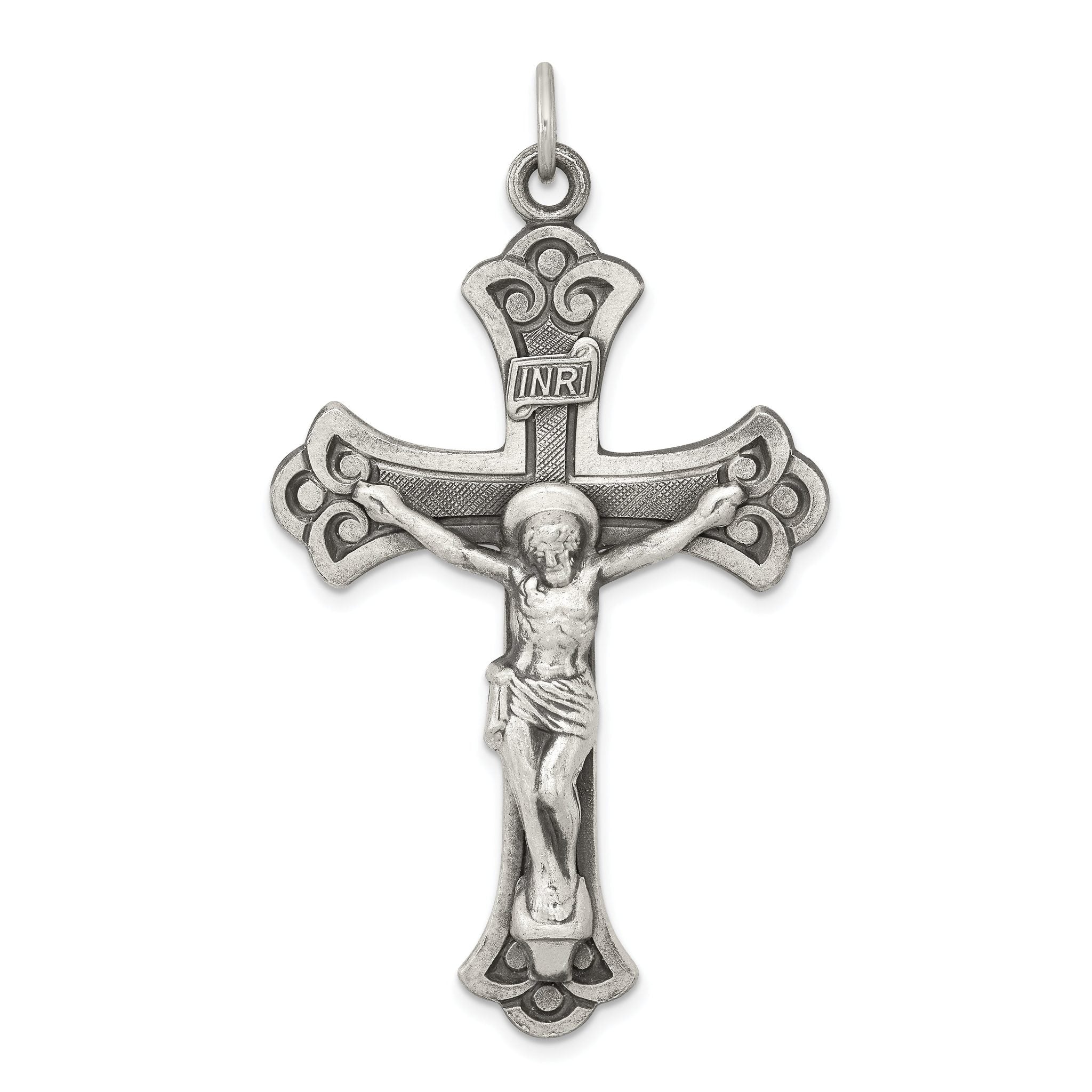Sterling Silver 925 INRI Crucifix Pendant with Antiqued Polished Finish