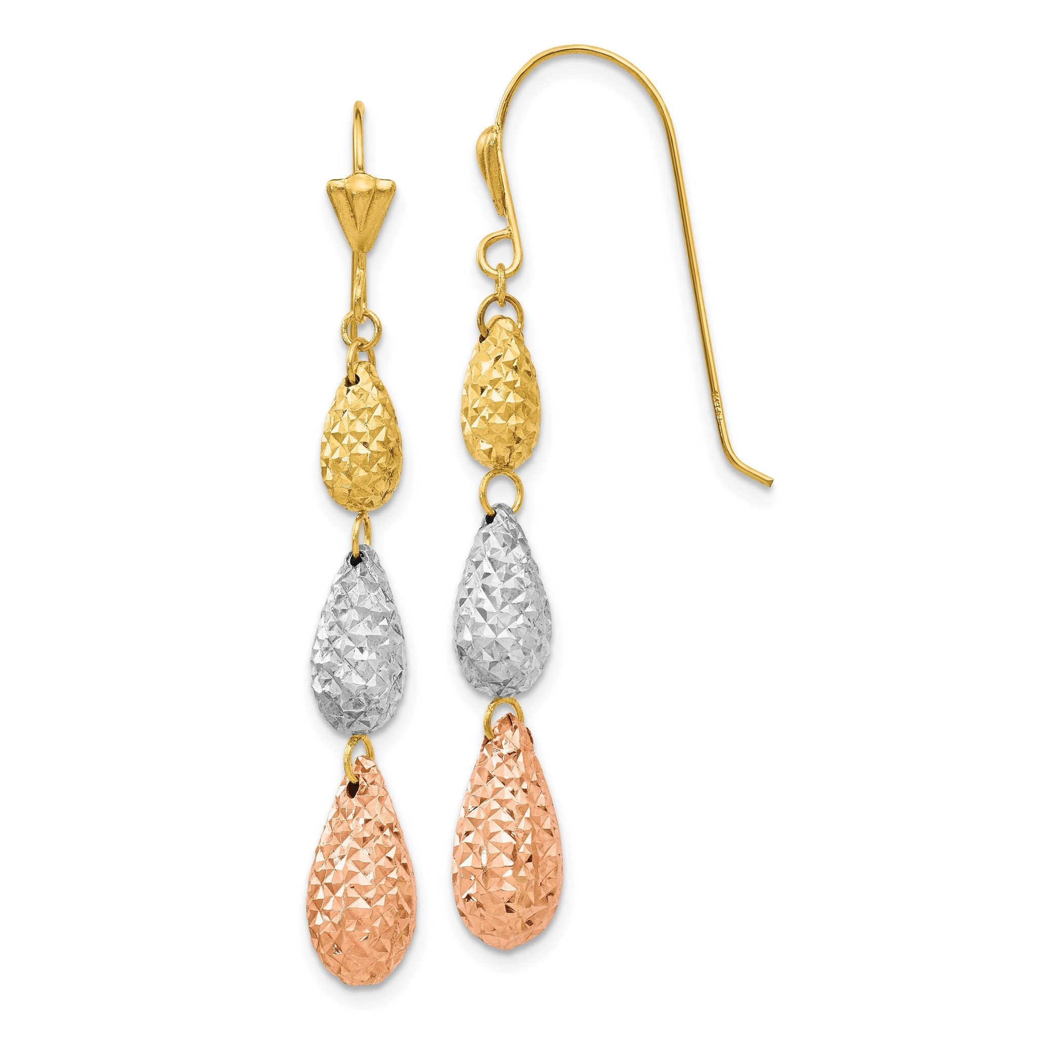 14k Tri-color Puff Diamond-cut Teardrop Dangle Earrings Main image