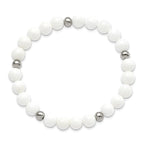 Stainless Steel Polished 6-8mm White Ceramic Beaded Stretch Bracelet for Women