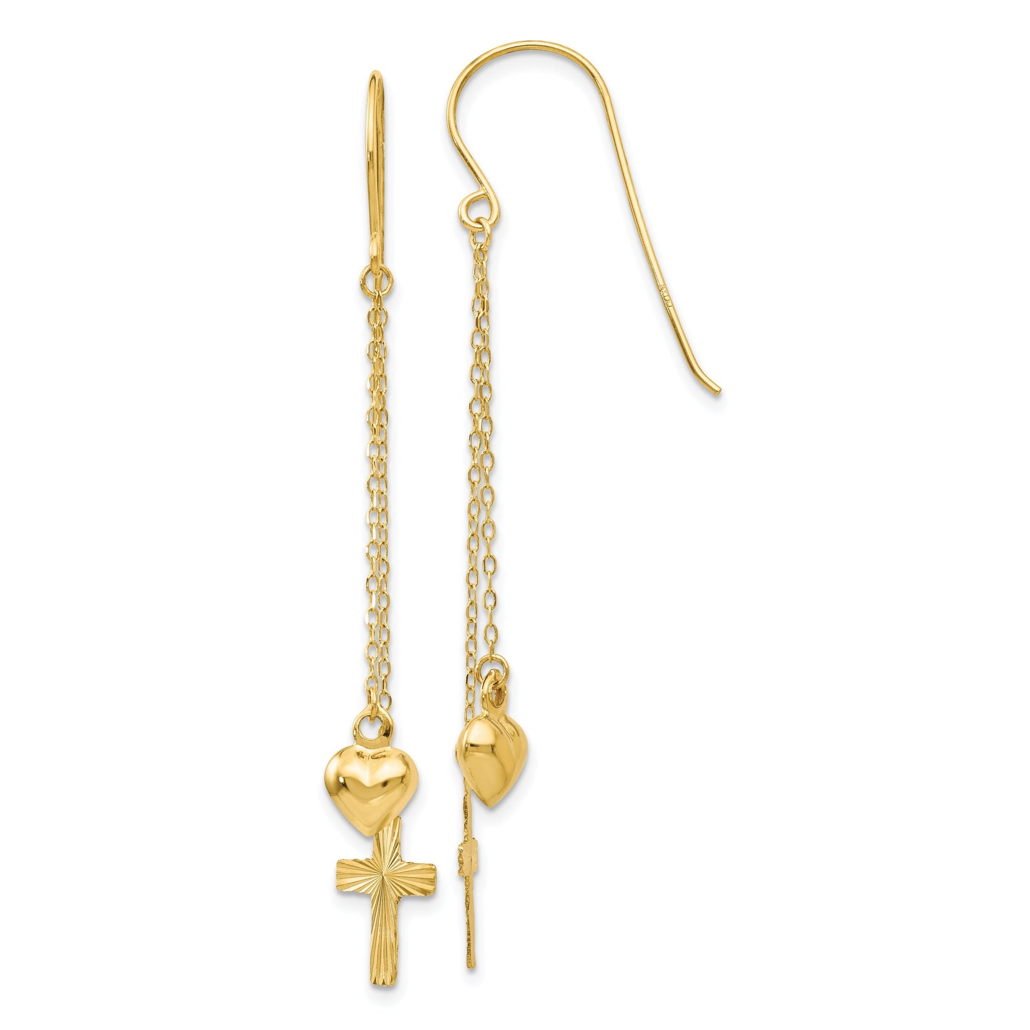 14K Ropa Chain Puffed Heart and Diamond Cut Cross Dangle Earrings Main image