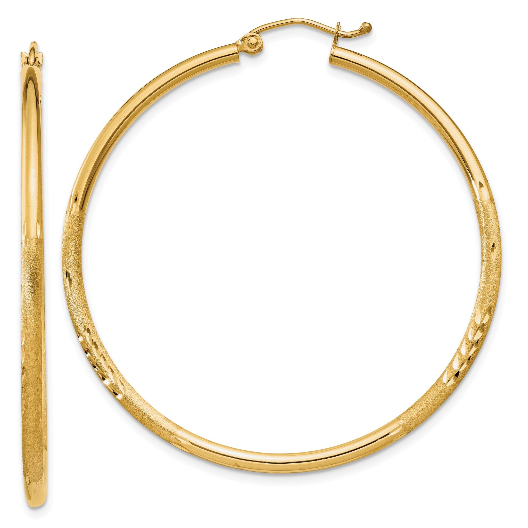 14k Satin and Diamond-cut 2mm Round Tube Hoop Earrings Main image