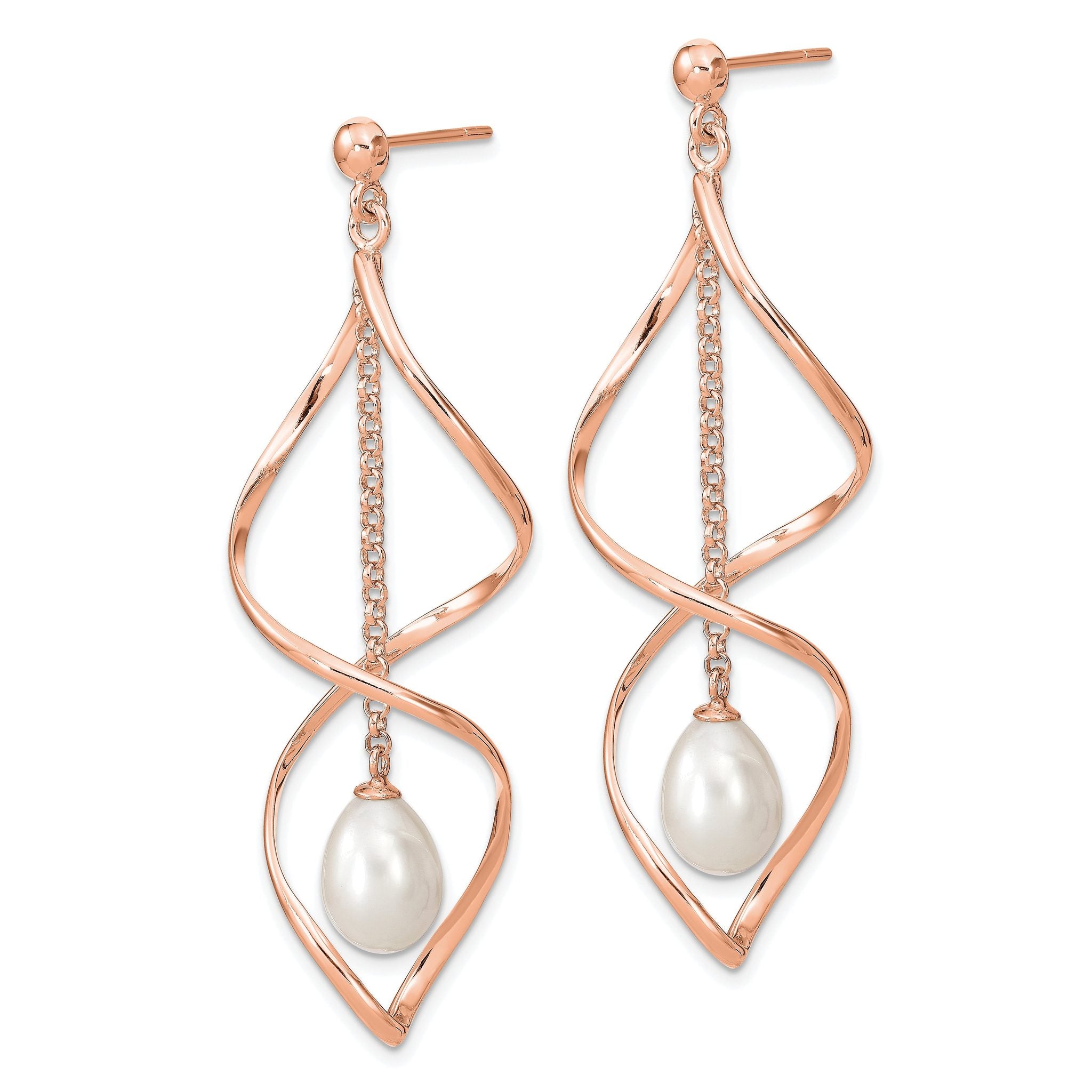 Sterling Silver Rose-tone 7-8mm White Rice Freshwater Cultured Pearl Post Dangle Earrings Secondary image