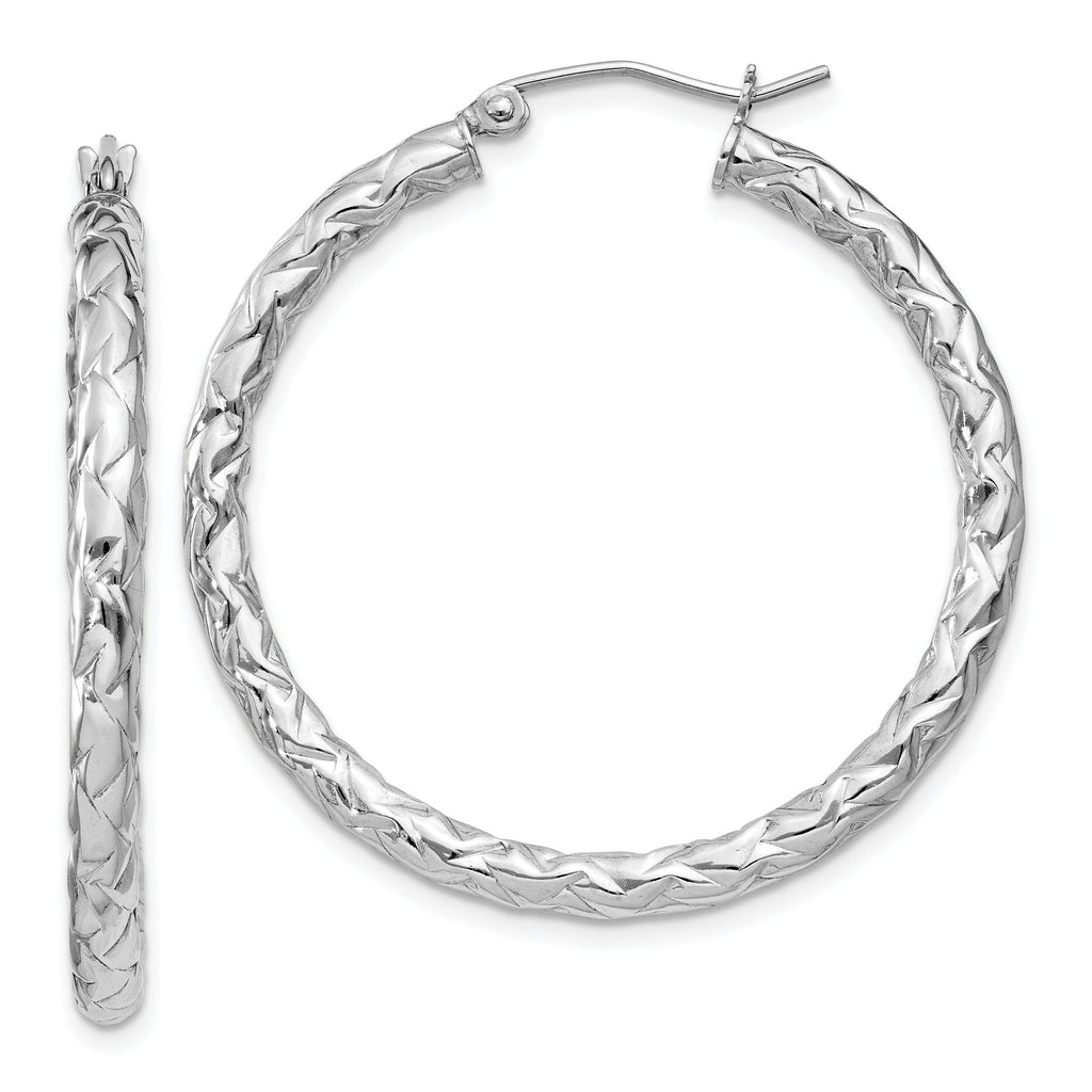 Sterling Silver Rhodium-Plated Textured Hoop Earrings, Polished 37mm
