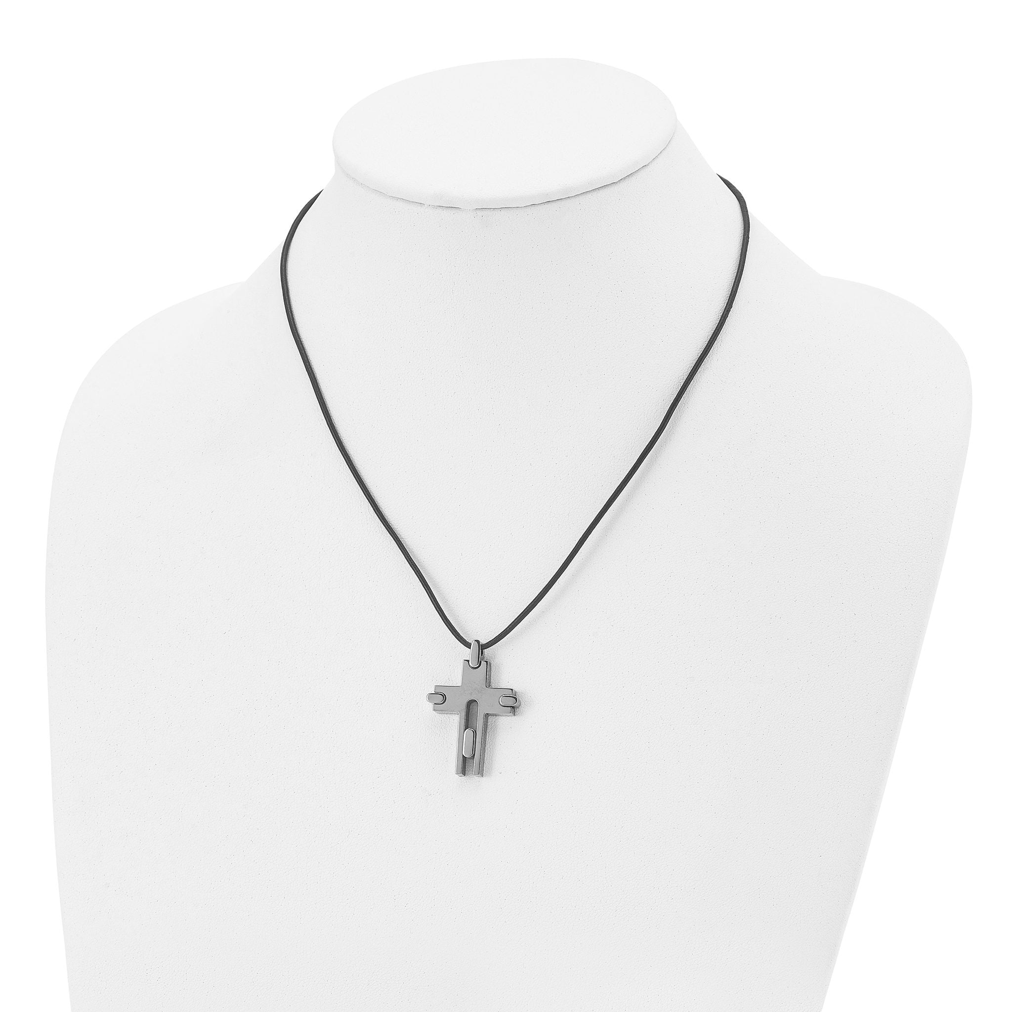 Titanium Men's Polished Cross Leather Necklace Gift Ready 18 Inch
