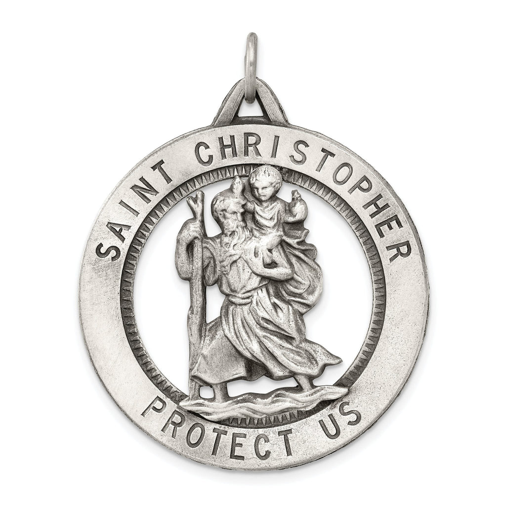Sterling Silver 925 St. Christopher Medal with Antiqued Finish 41mm Solid Pendant