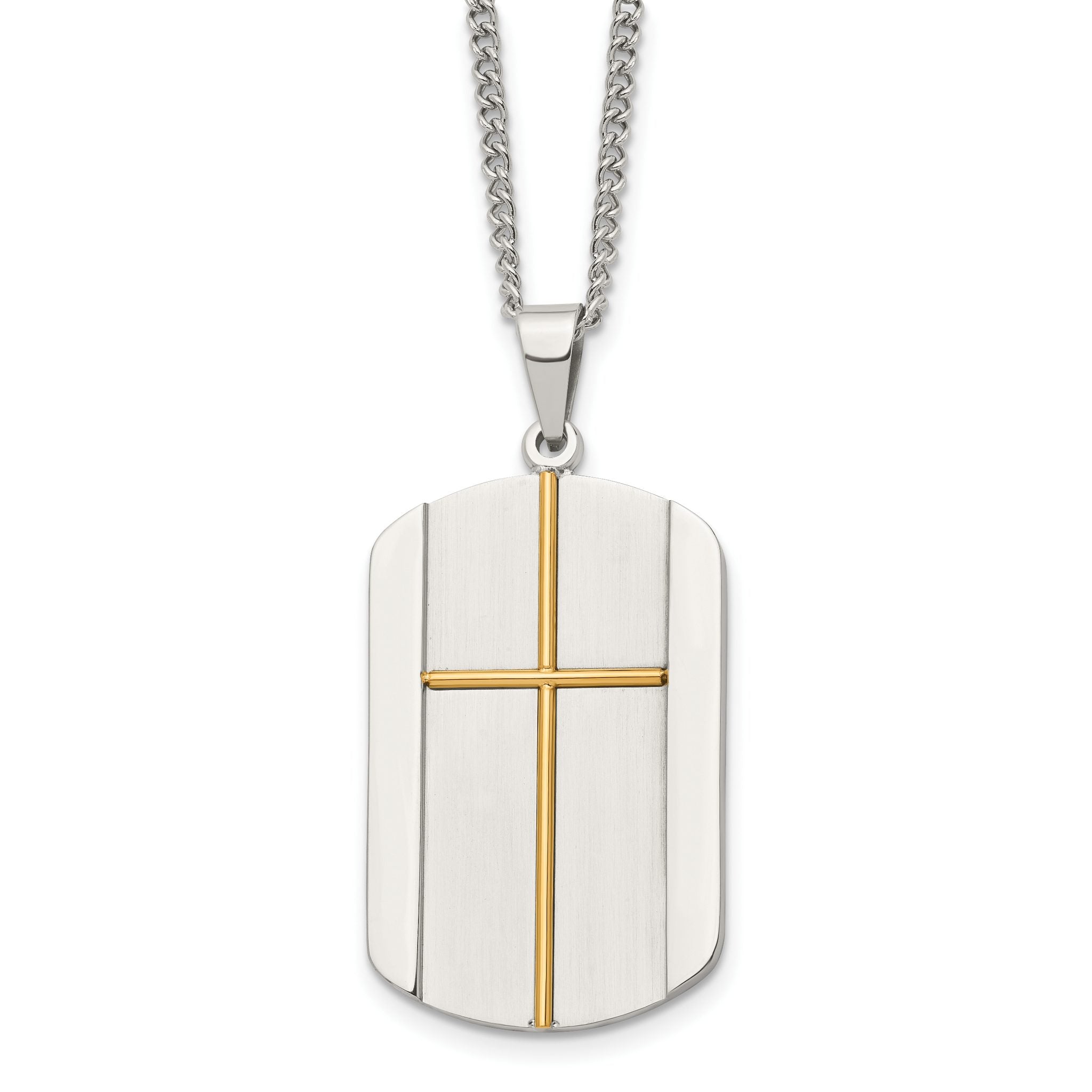 Chisel Stainless Steel Brushed and Polished Yellow IP-plated Cross Dog Tag on a 22 inch Curb Chain Necklace Main image