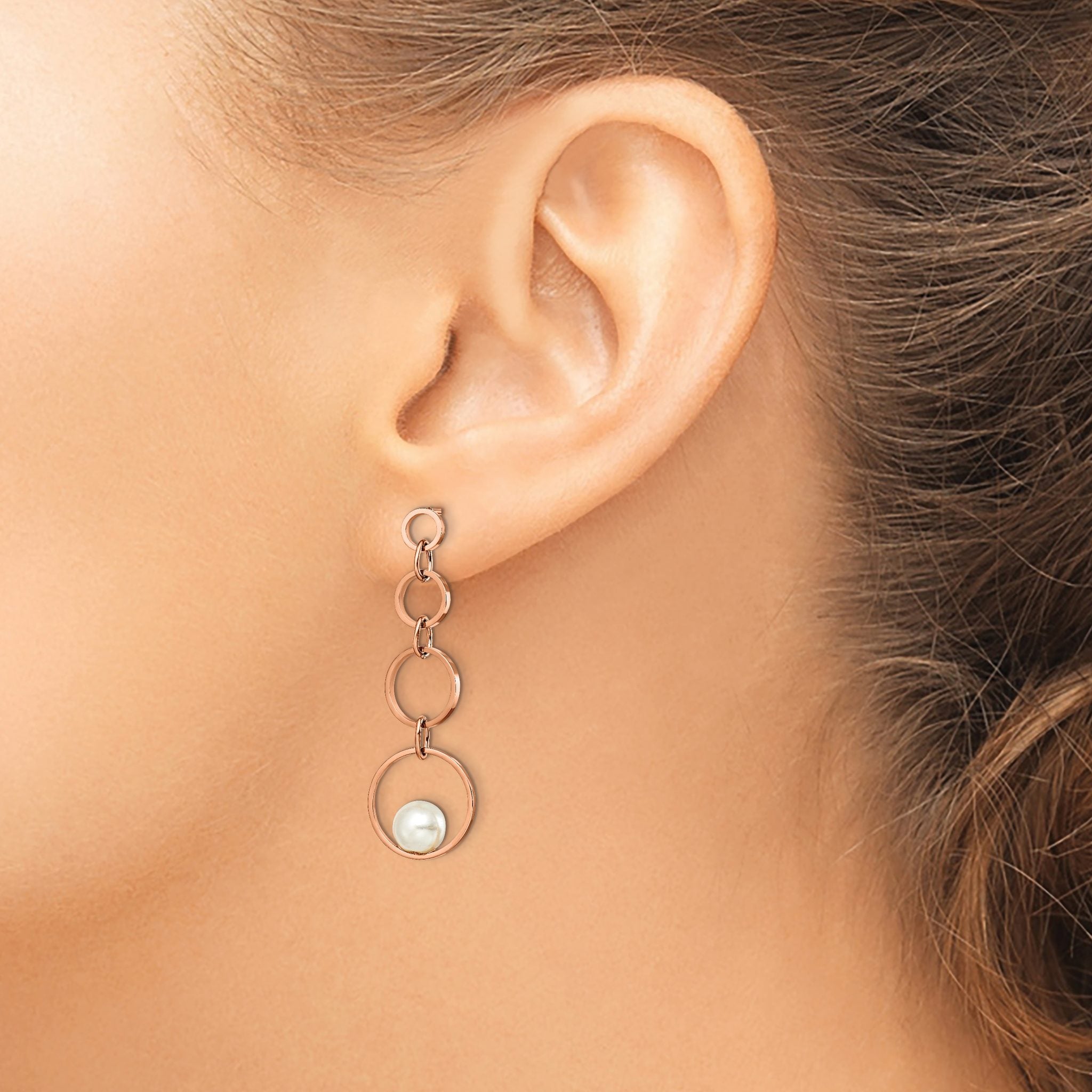 Stainless Steel Rose Gold-Tone Polished Pear Simulated Pearl Drop Dangle Earrings for Women
