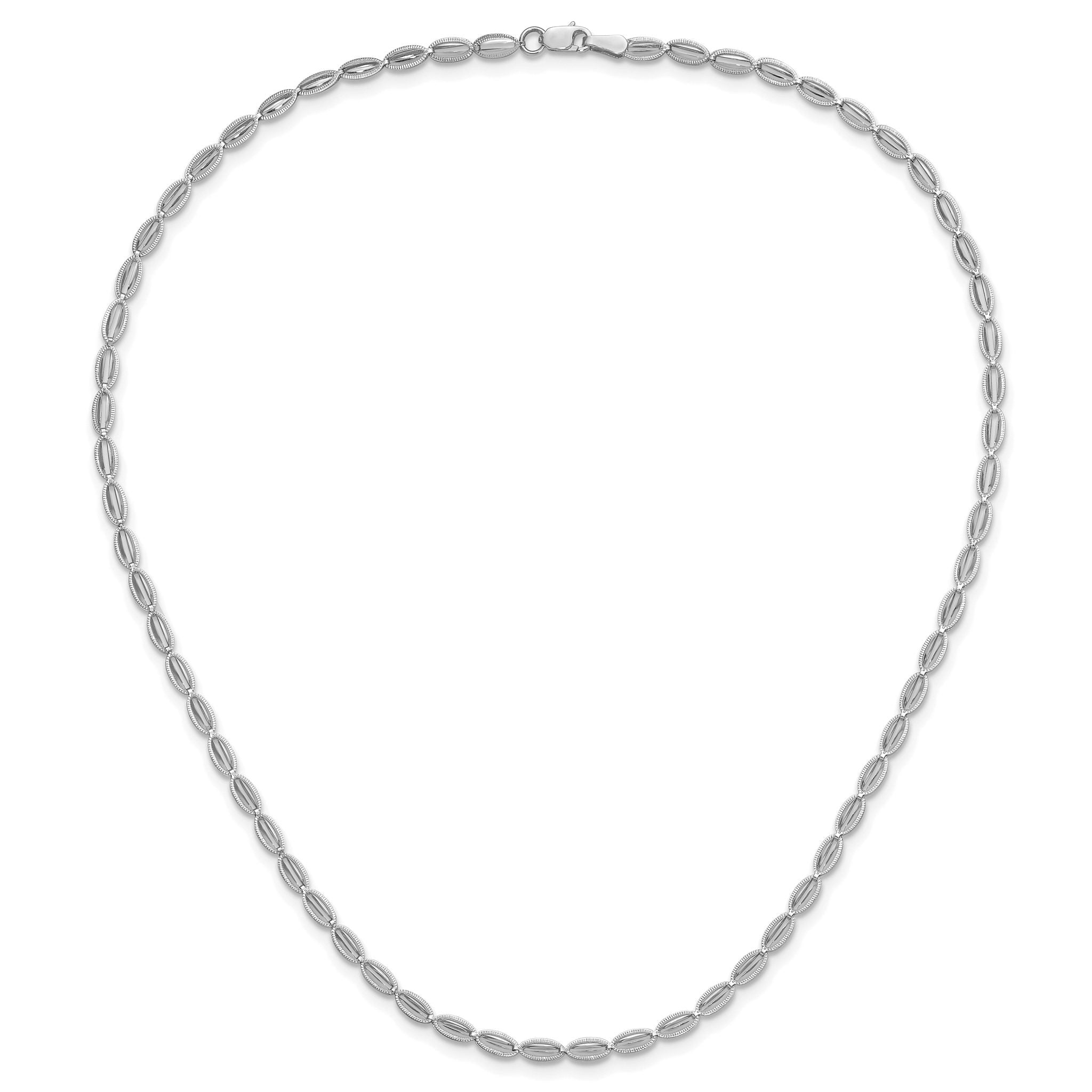 14K White Gold Polished/Textured Fancy Oval Link Necklace