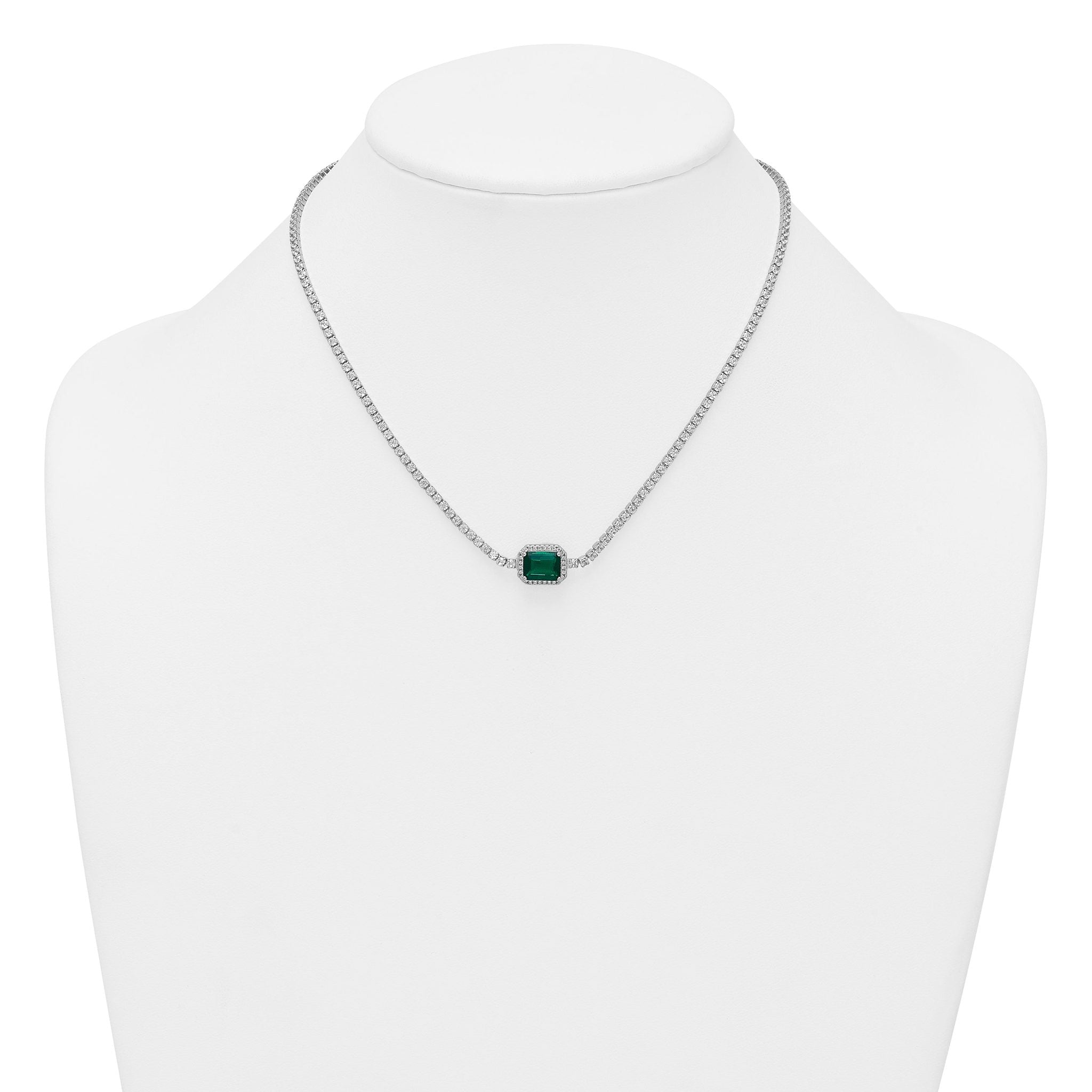Sterling Silver Rhodium-plated Polished Fancy Emerald-cut Green and White CZ Halo 16 Inch with 2 Inch Extension Necklace