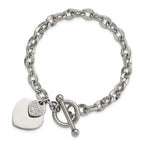 Stainless Steel Polished Two Hearts with Cubic Zirconia Toggle Bracelet for Women