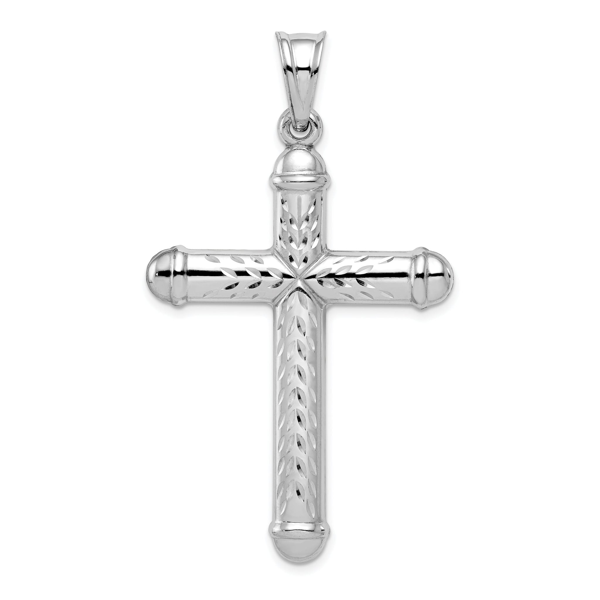 Sterling Silver 3D Reversible Cross Pendant with Rhodium-Plated Diamond-Cut Finish