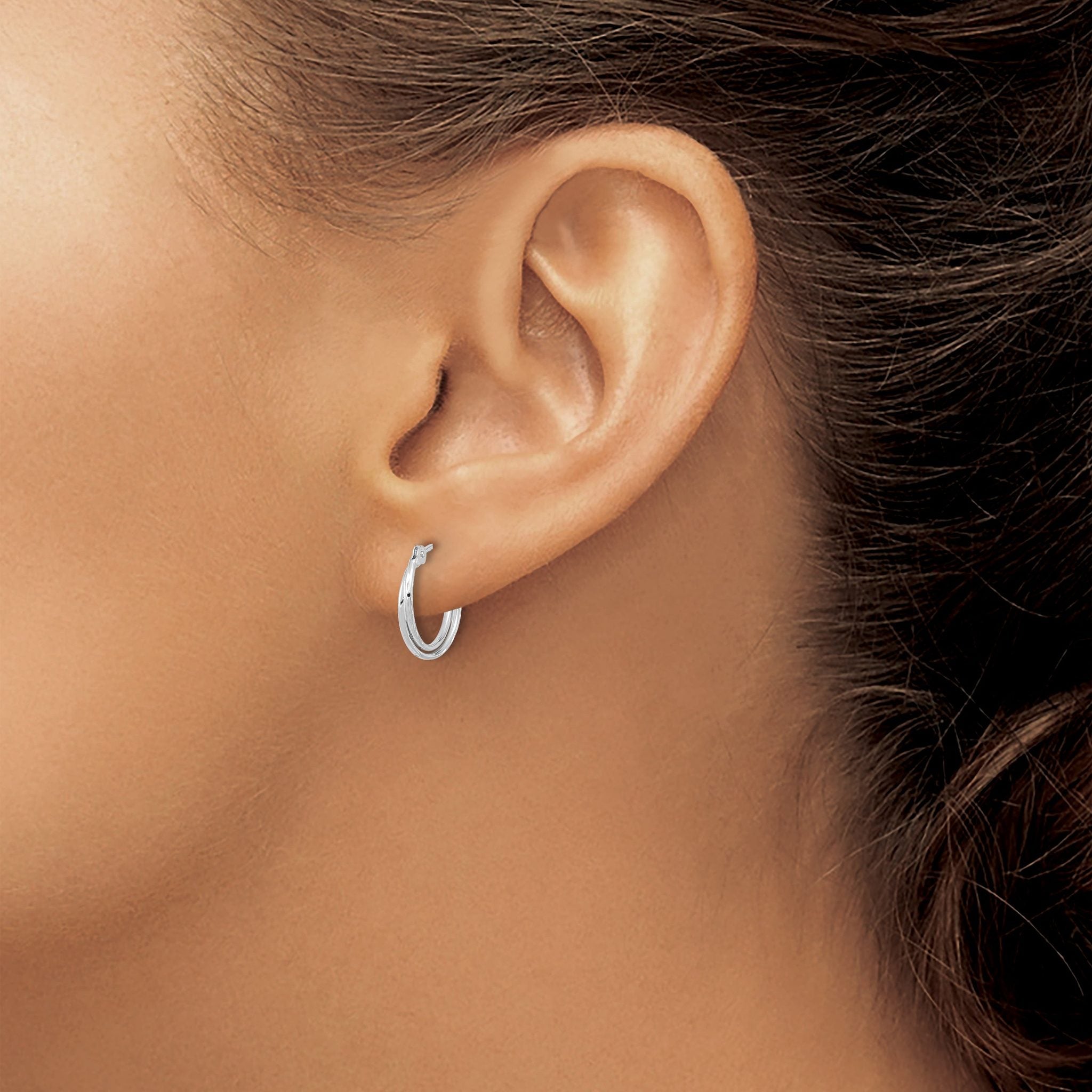 14k White Gold Polished Diamond Cut Double Hoops