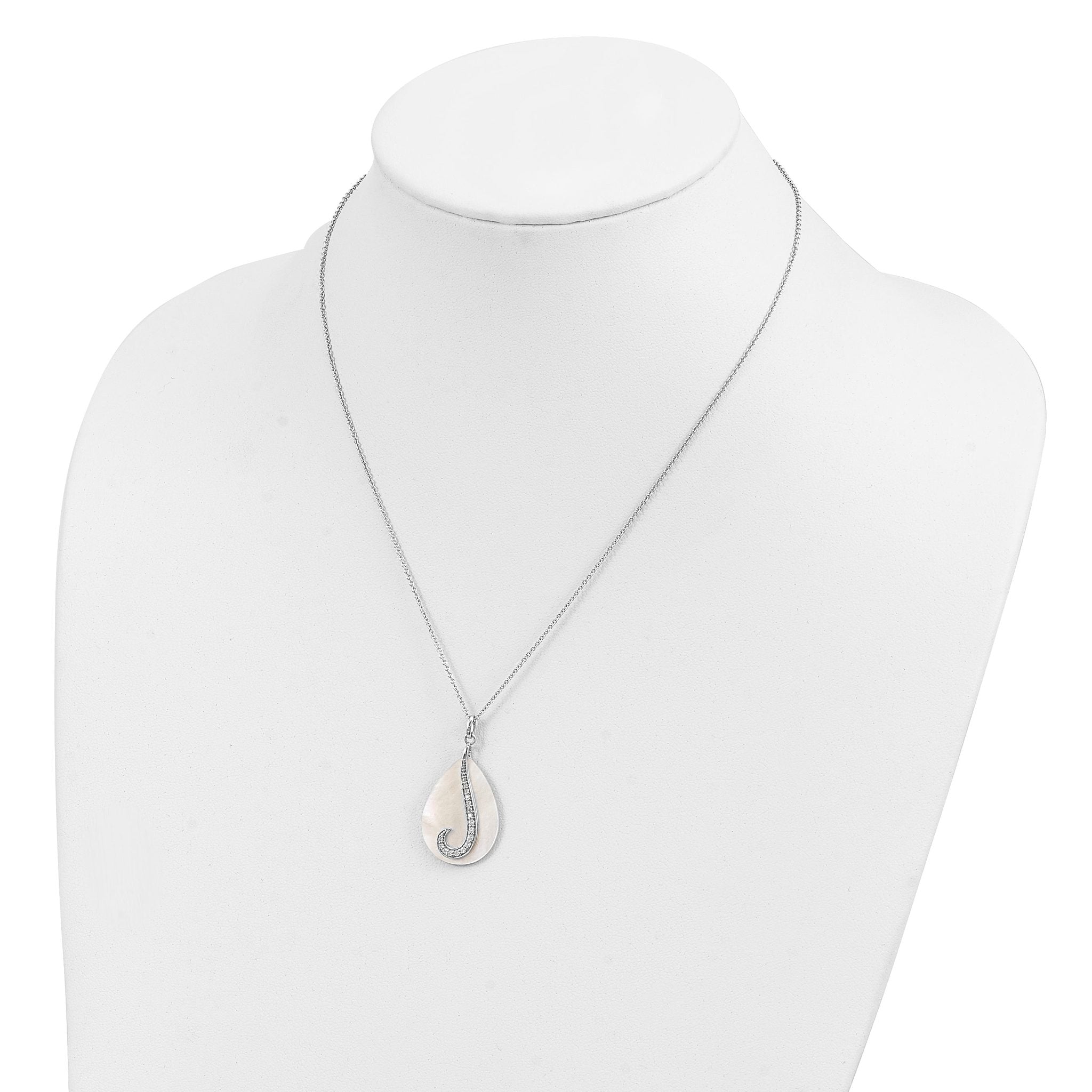 Sentimental Expressions Sterling Silver Rhodium-plated Mother of Pearl CZ Tear From Heaven 18in Necklace