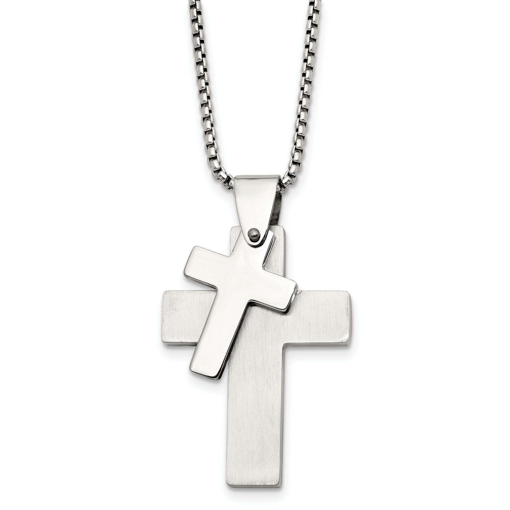 Chisel Stainless Steel Brushed and Polished Double Cross Pendant on a 24 inch Box Chain Necklace Main image
