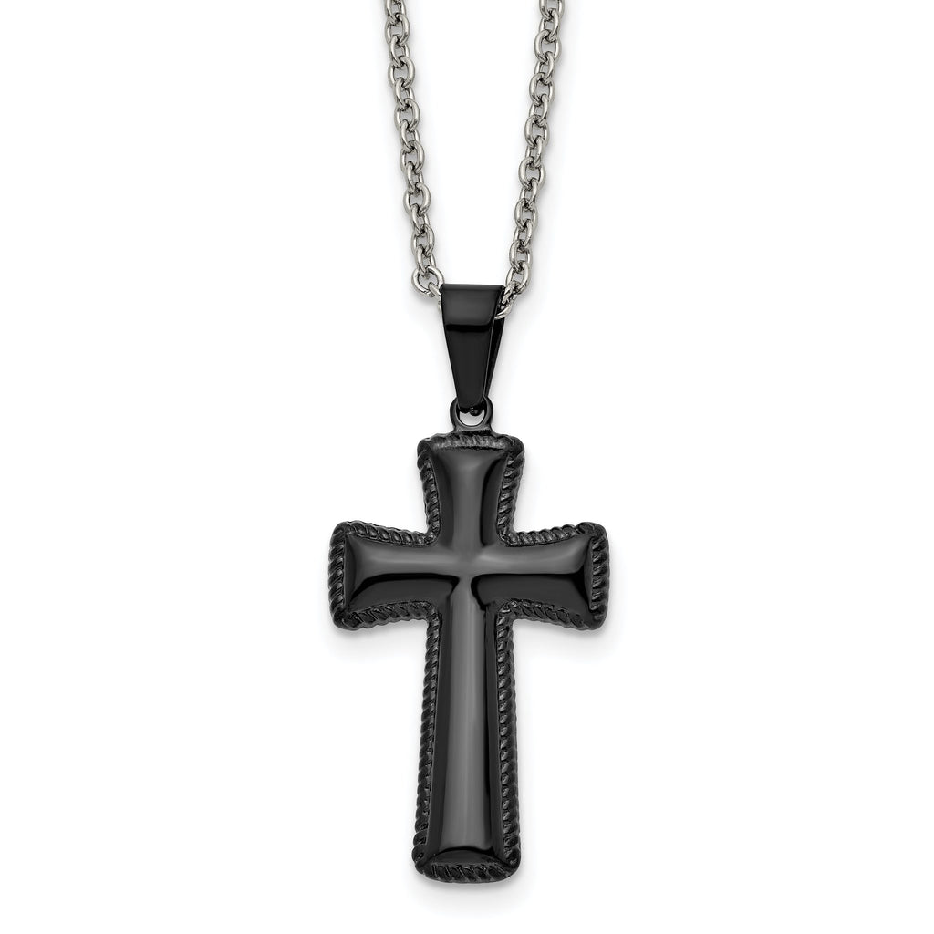 Black IP Pillow Cross Pendant Necklace in Stainless Steel