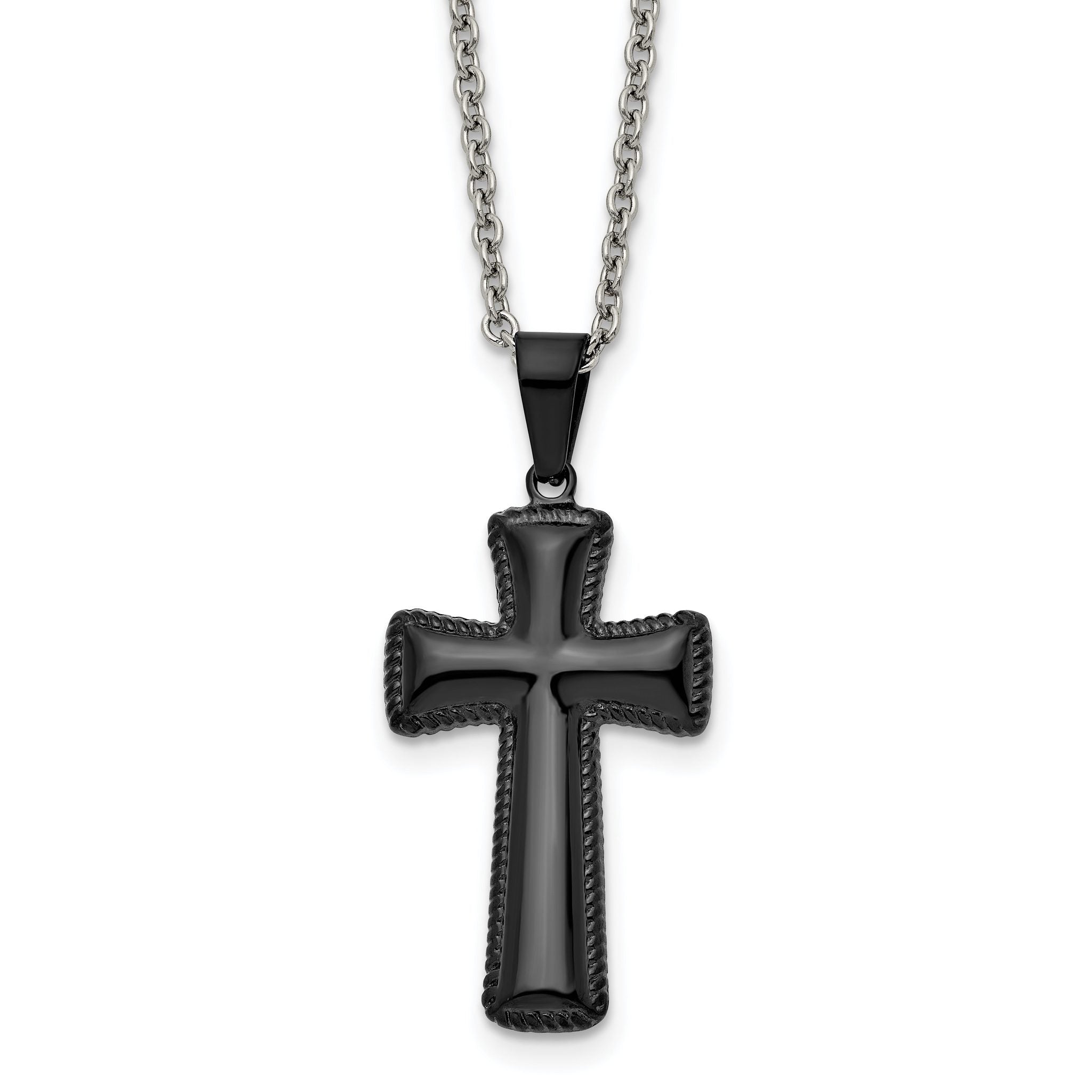 Black IP Pillow Cross Pendant Necklace in Stainless Steel