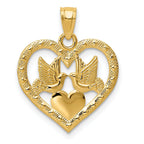 14K Gold Polished Doves in Heart Pendant  Elegant & Textured Design