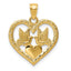 14K Gold Polished Doves in Heart Pendant  Elegant & Textured Design