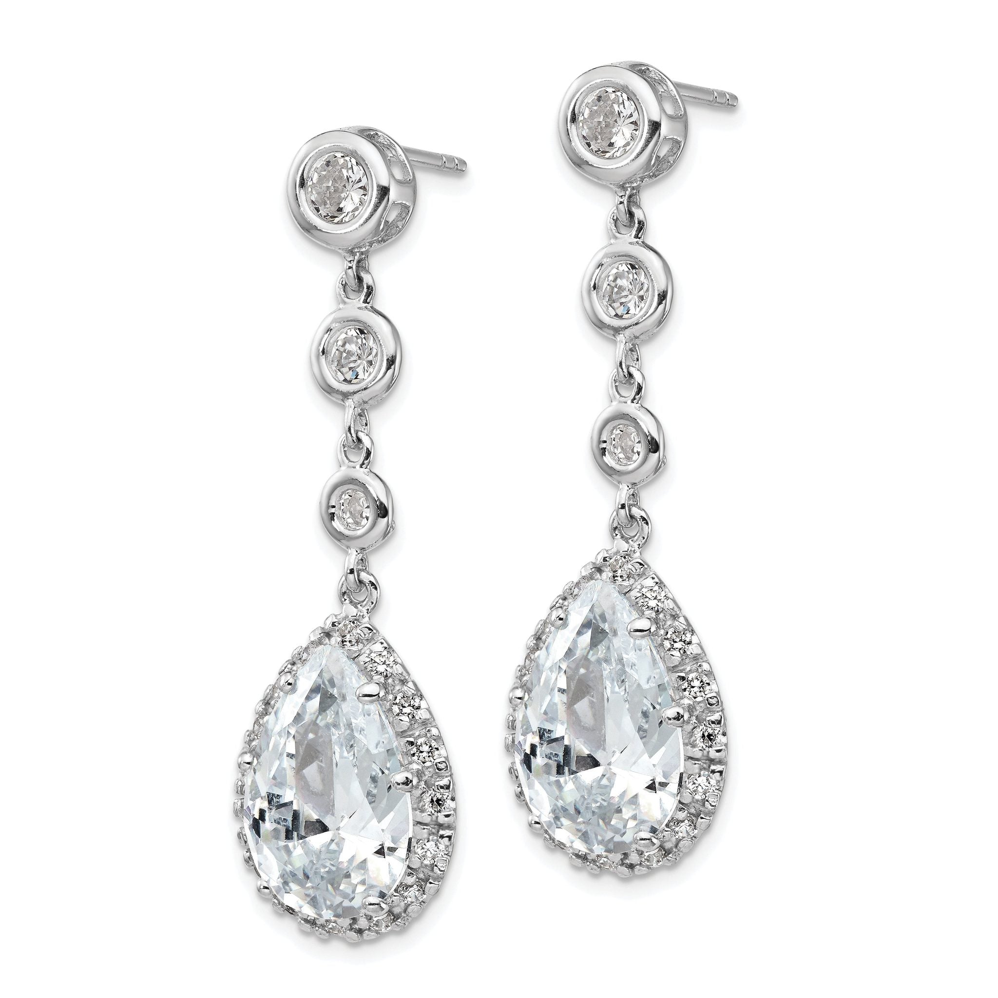 Cheryl M Sterling Silver Rhodium-plated Brilliant-cut CZ Bezel & Teardrop Halo Post Dangle Earrings Secondary image