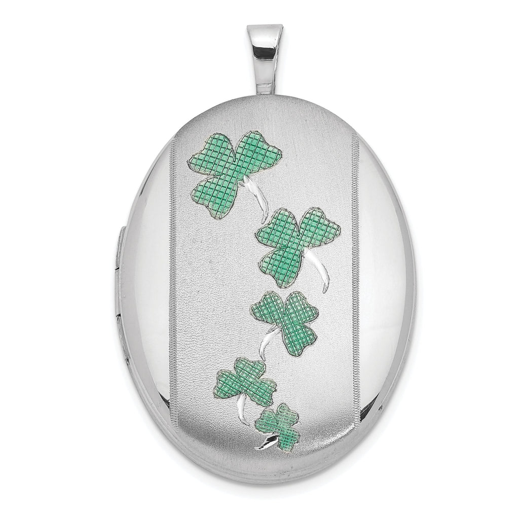 Sterling Silver Rhodium-plated Satin Enameled Clovers 26x20mm Oval Locket