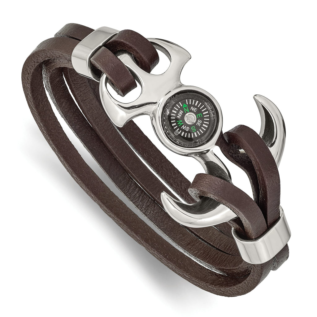 Stainless Steel Polished Functional Compass Multi Strand Brown Leather Bracelet for Men