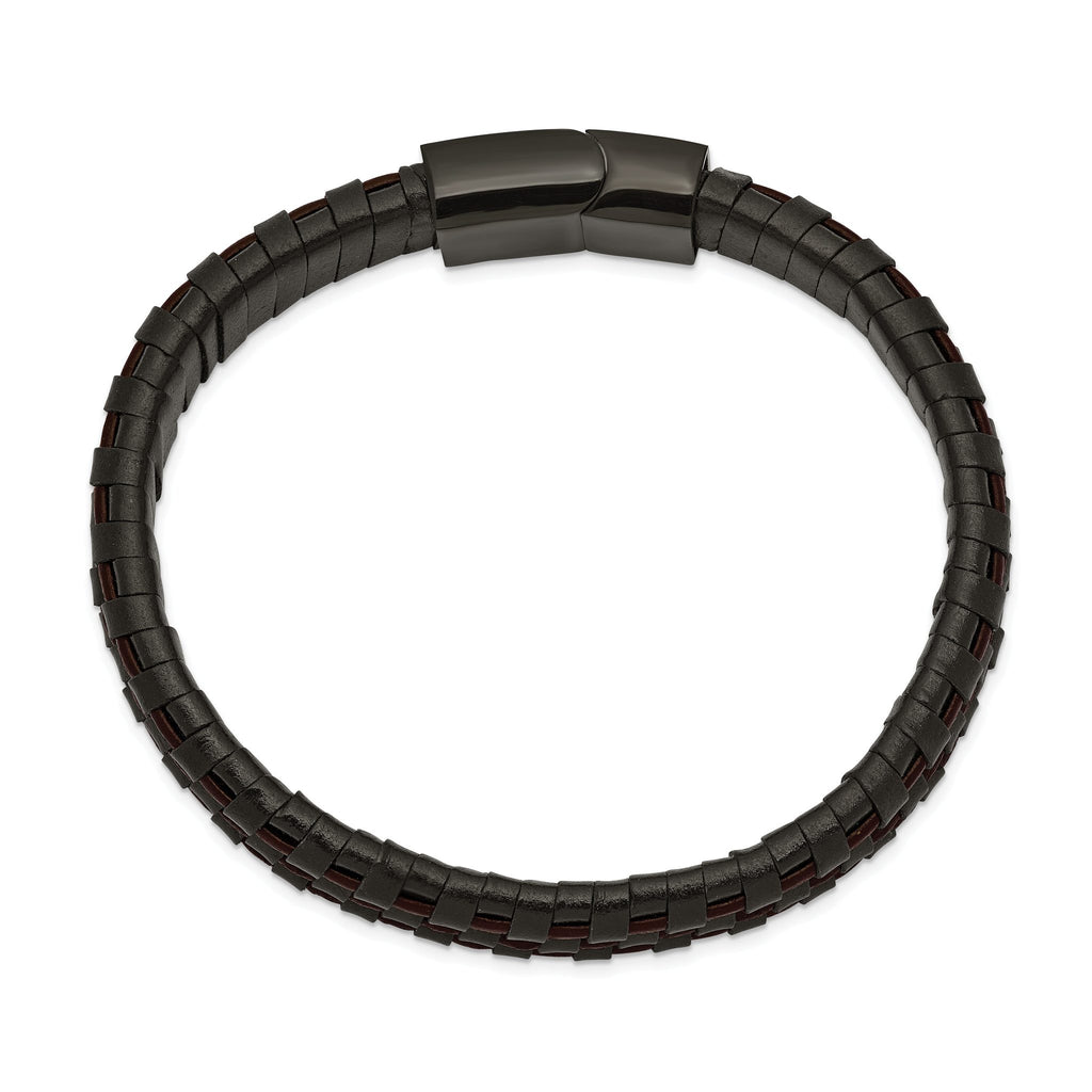 Stainless Steel Polished Black IP-plated Black and Brown Leather Bracelet for Men