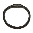 Stainless Steel Polished Black IP-plated Black and Brown Leather Bracelet for Men