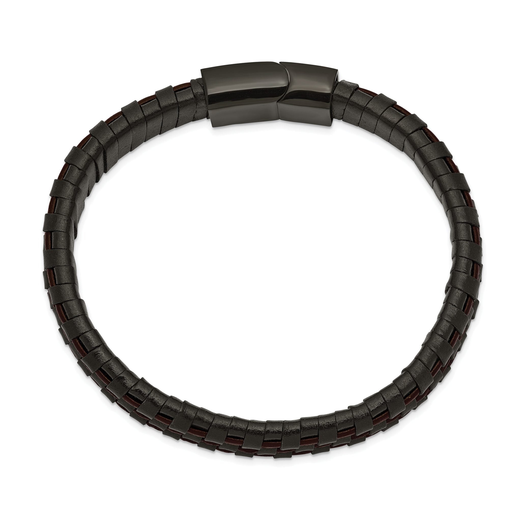 Stainless Steel Polished Black IP-plated Black and Brown Leather Bracelet for Men