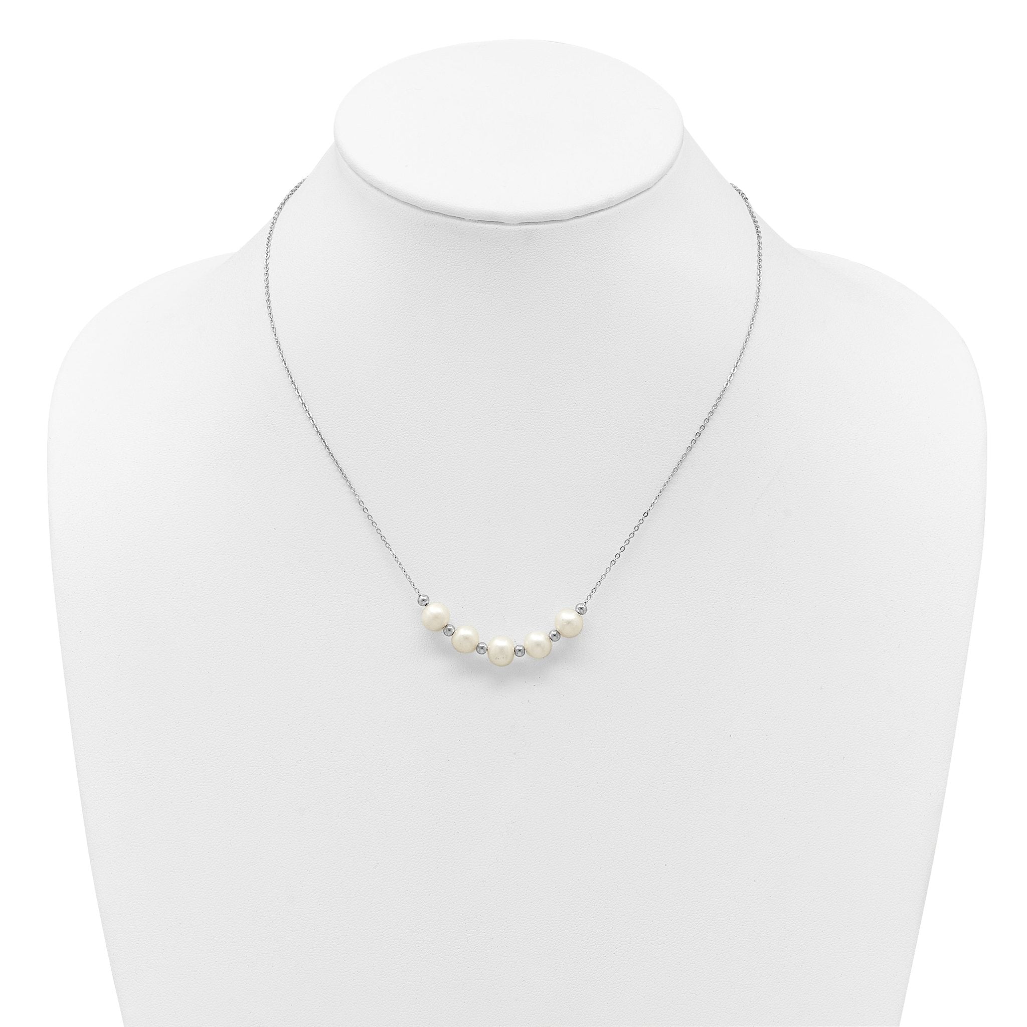 Sterling Silver Rhodium-plated 7-8mm Semi-Round White Freshwater Cultured Pearl and Beads 16 inch with 2 inch Extender Necklace