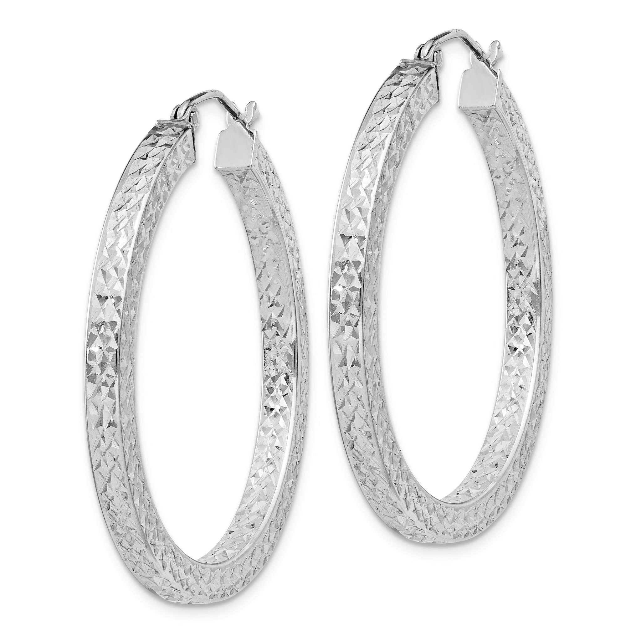 Sterling Silver Rhodium-plated Diamond-cut 3x35mm Square Tube Hoop Earrings Secondary image