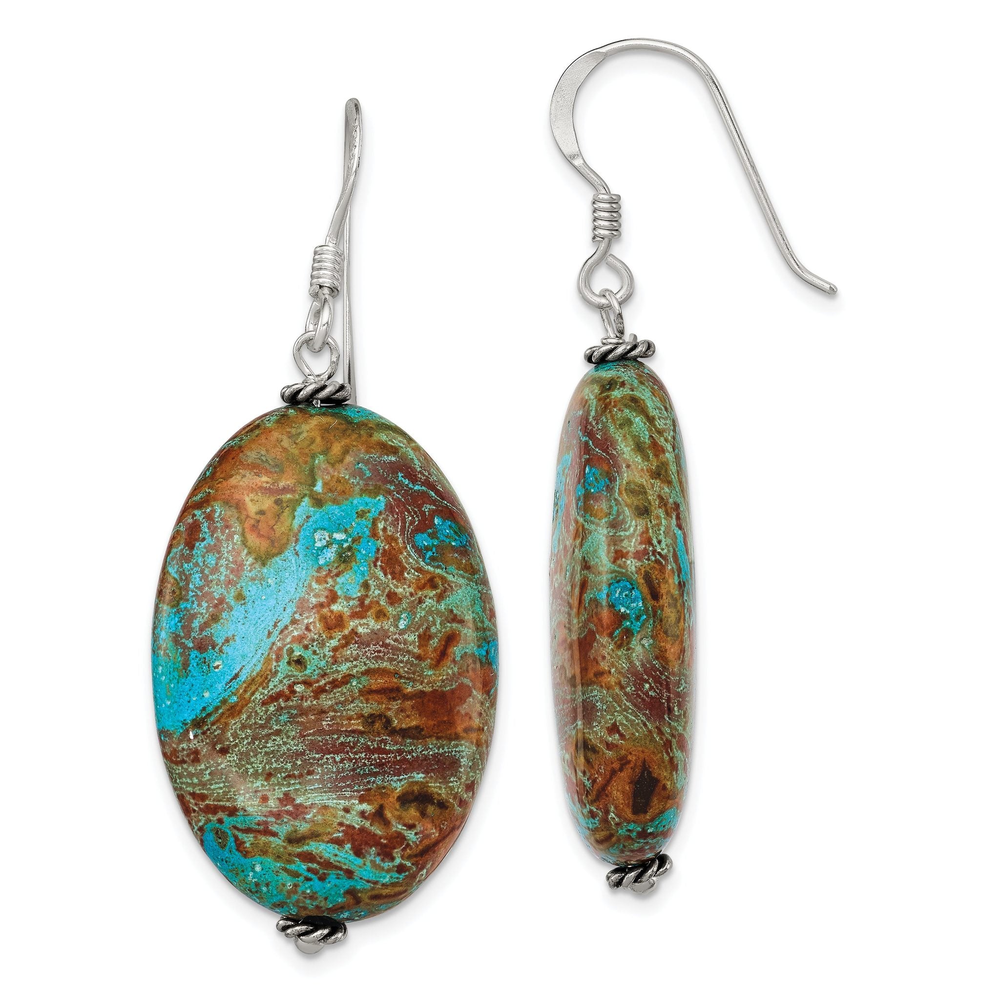 Sterling Silver Polished & Antiqued Twisted Bead & Blue Jasper Oval Dangle Earrings Main image
