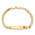 14K Medical Solid Chain/Solid Plate Soft Diamond Shape 33x8mm Off-Center Red Enamel Flat Curb Link 7 inch ID Bracelet