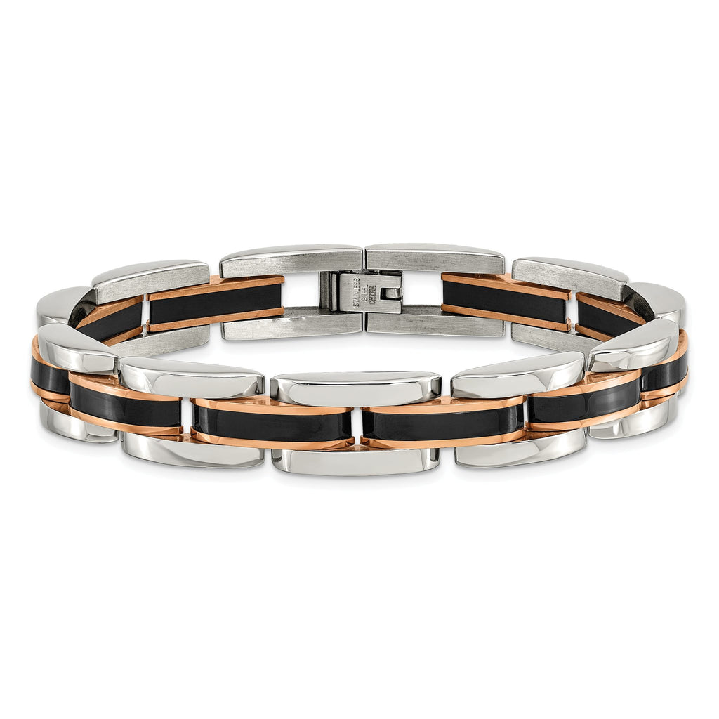 Stainless Steel Polished Black and Rose IP-plated Link Bracelet for Men
