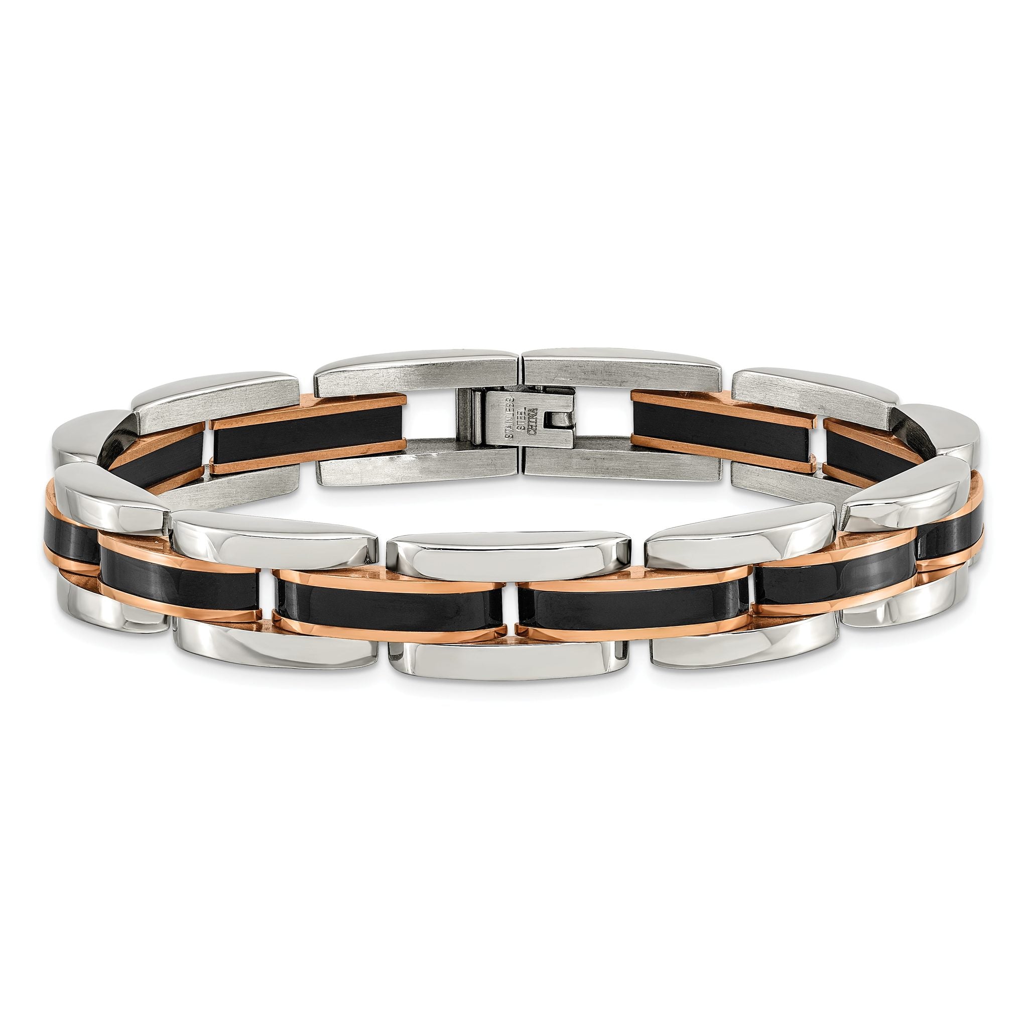 Stainless Steel Polished Black and Rose IP-plated Link Bracelet for Men