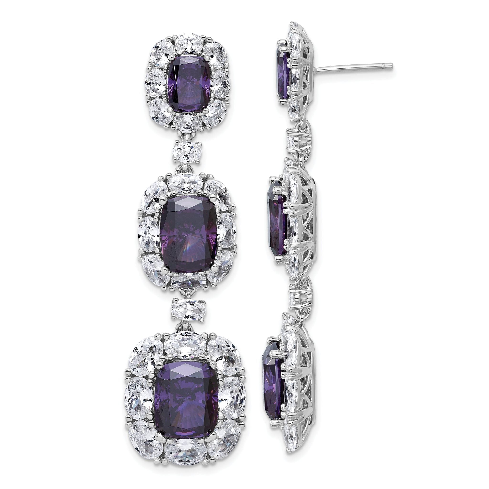Cheryl M Sterling Silver Rhodium-plated Polished Fancy Purple and White CZ Halo Cluster Post Dangle Earrings Main image
