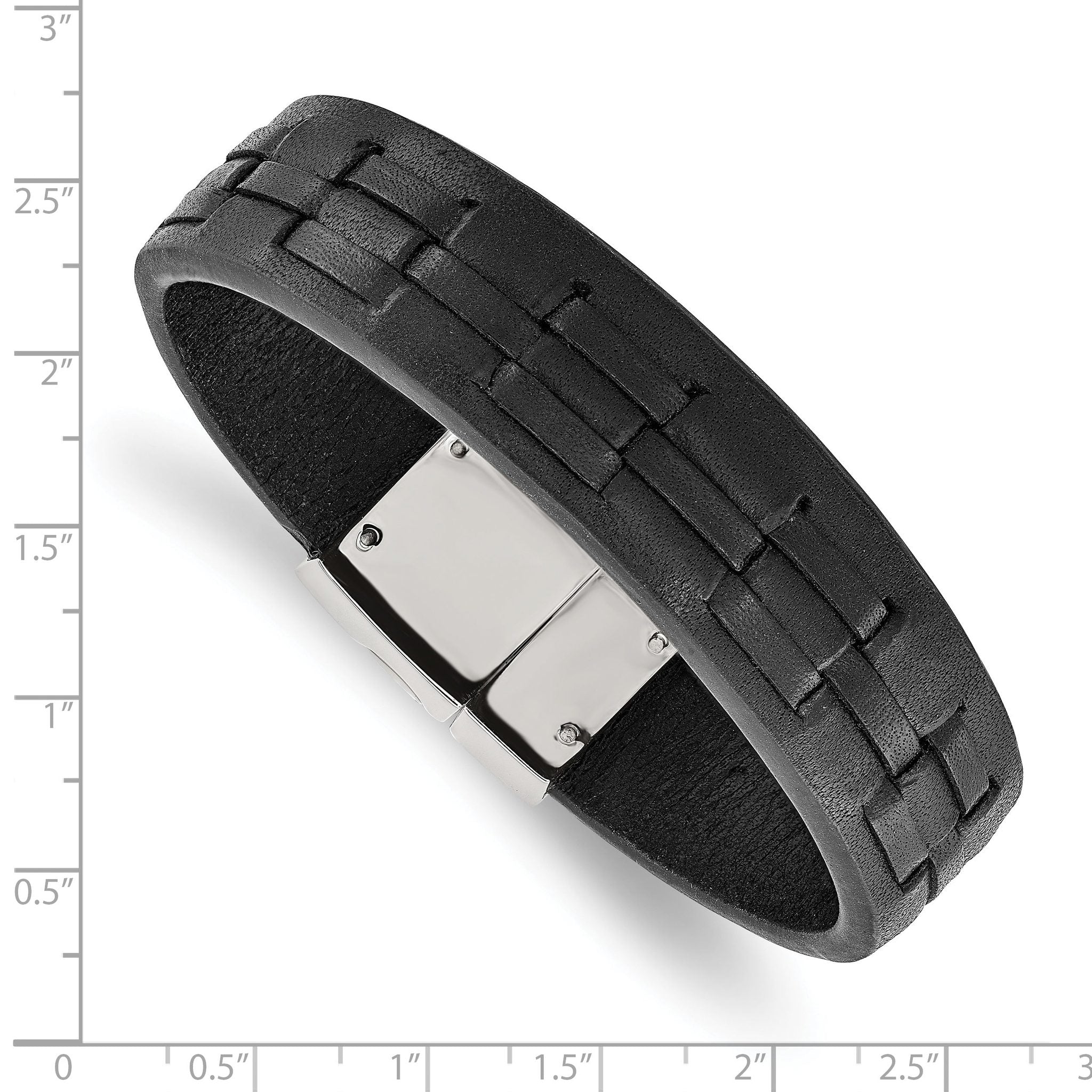 Stainless Steel Polished Black Leather Bracelet for Men