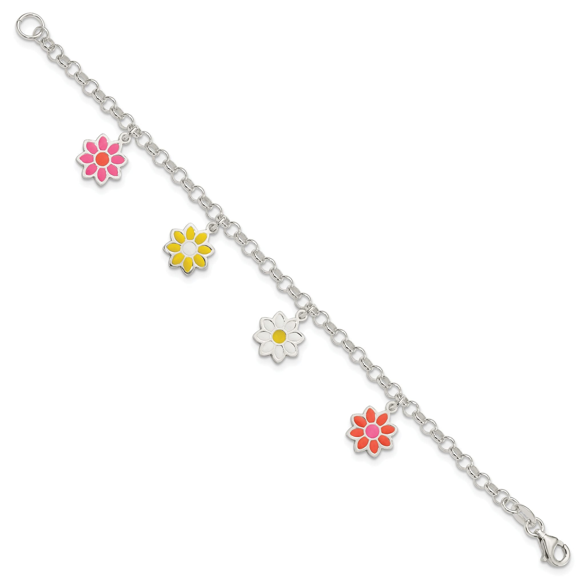 Sterling Silver Polished Multi-color Enamel Flowers Children's Bracelet Secondary image