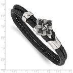 Stainless Steel Antiqued & Polished with Cubic Zirconia Skull Leather Bracelet for Men