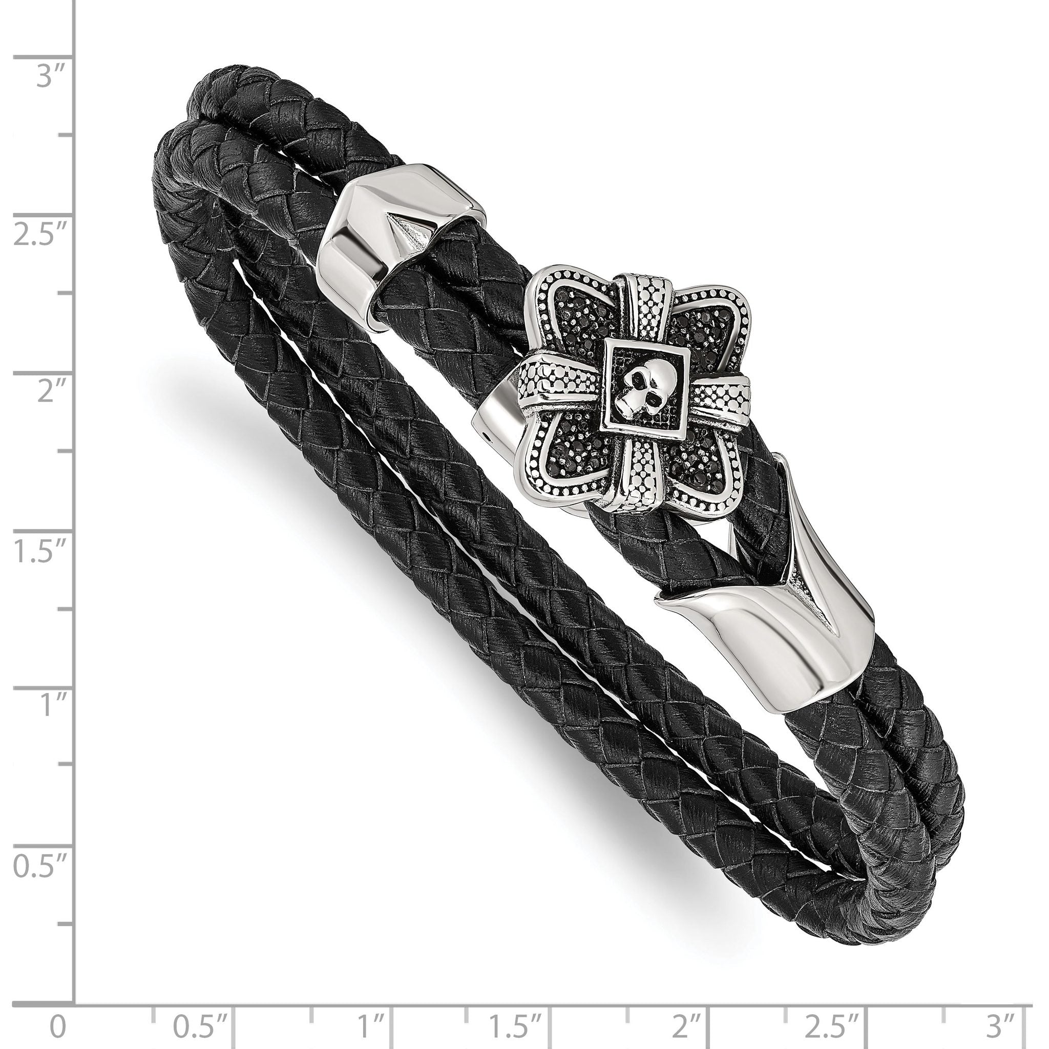 Stainless Steel Antiqued & Polished with Cubic Zirconia Skull Leather Bracelet for Men