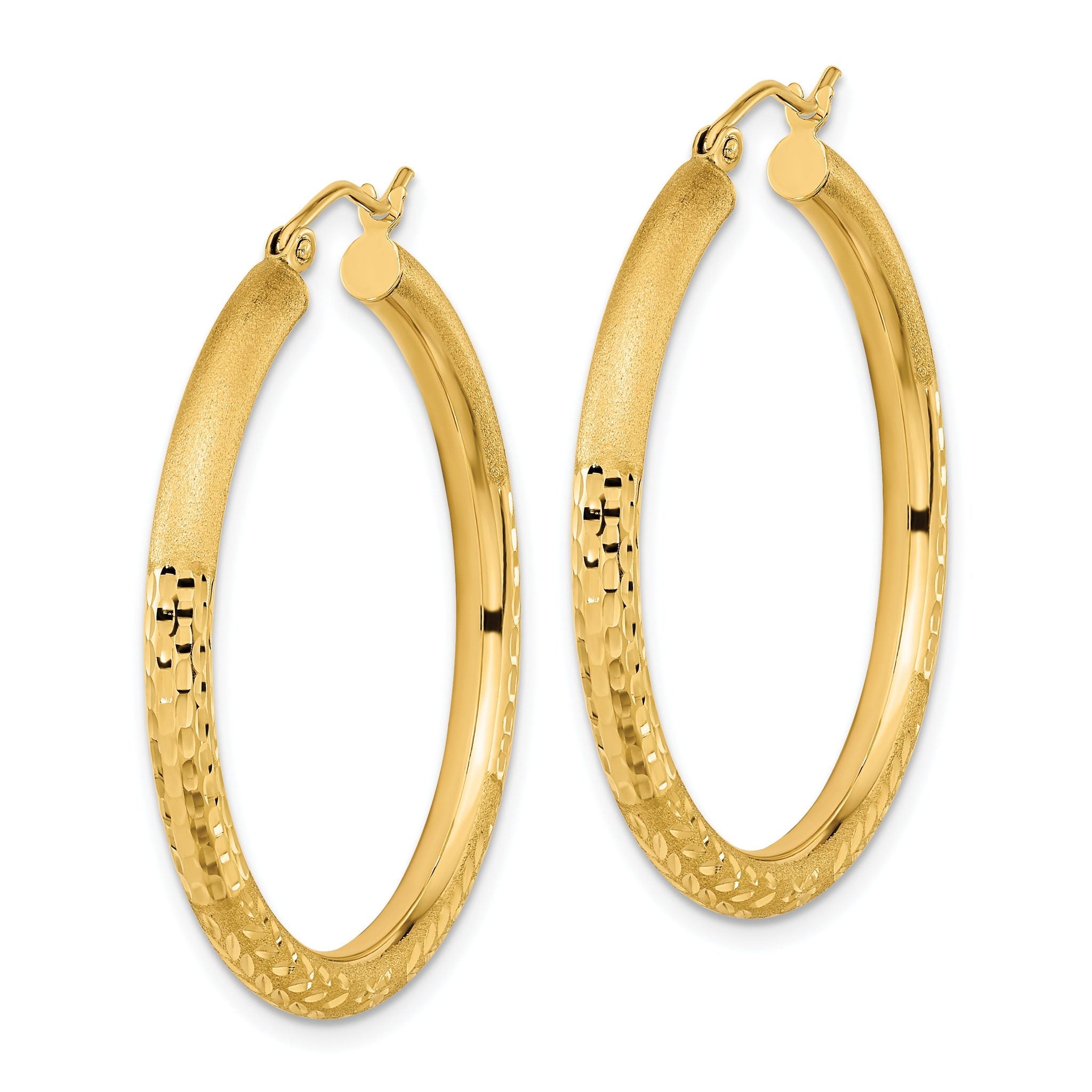14k Polished Satin and Diamond-cut Hoop Earrings Secondary image