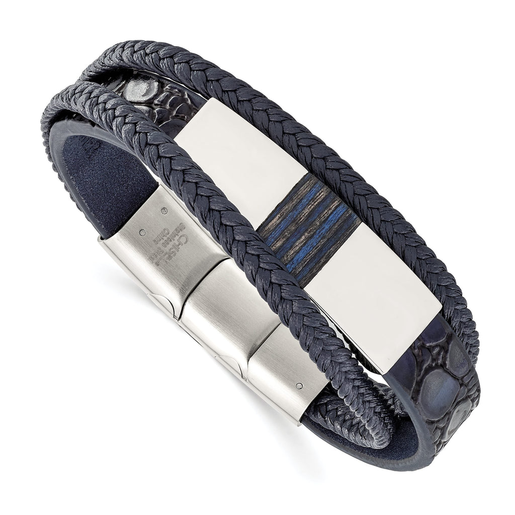 Stainless Steel Polished Blue Wood Multi Strand Blue Leather Bracelet with . Extension