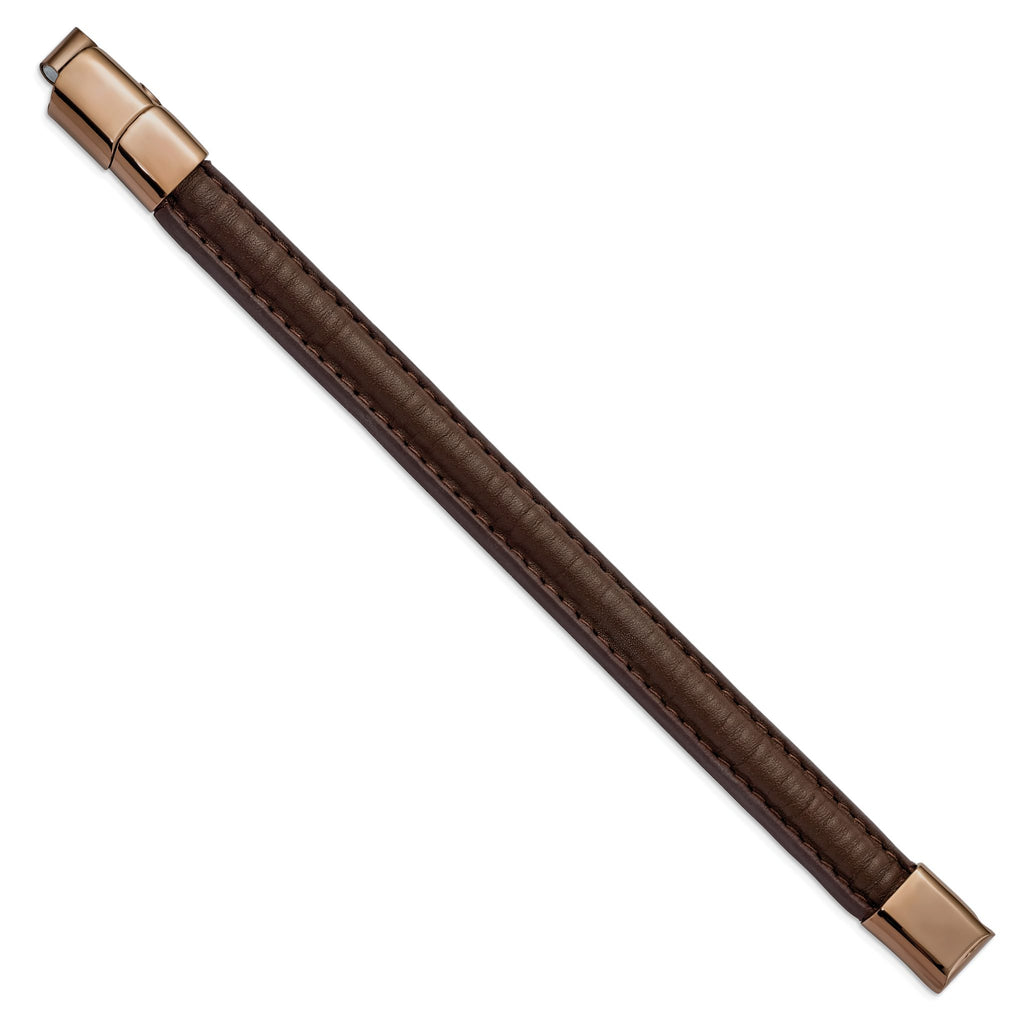 Stainless Steel Polished Rose IP Brown Leather with . ext Bracelet