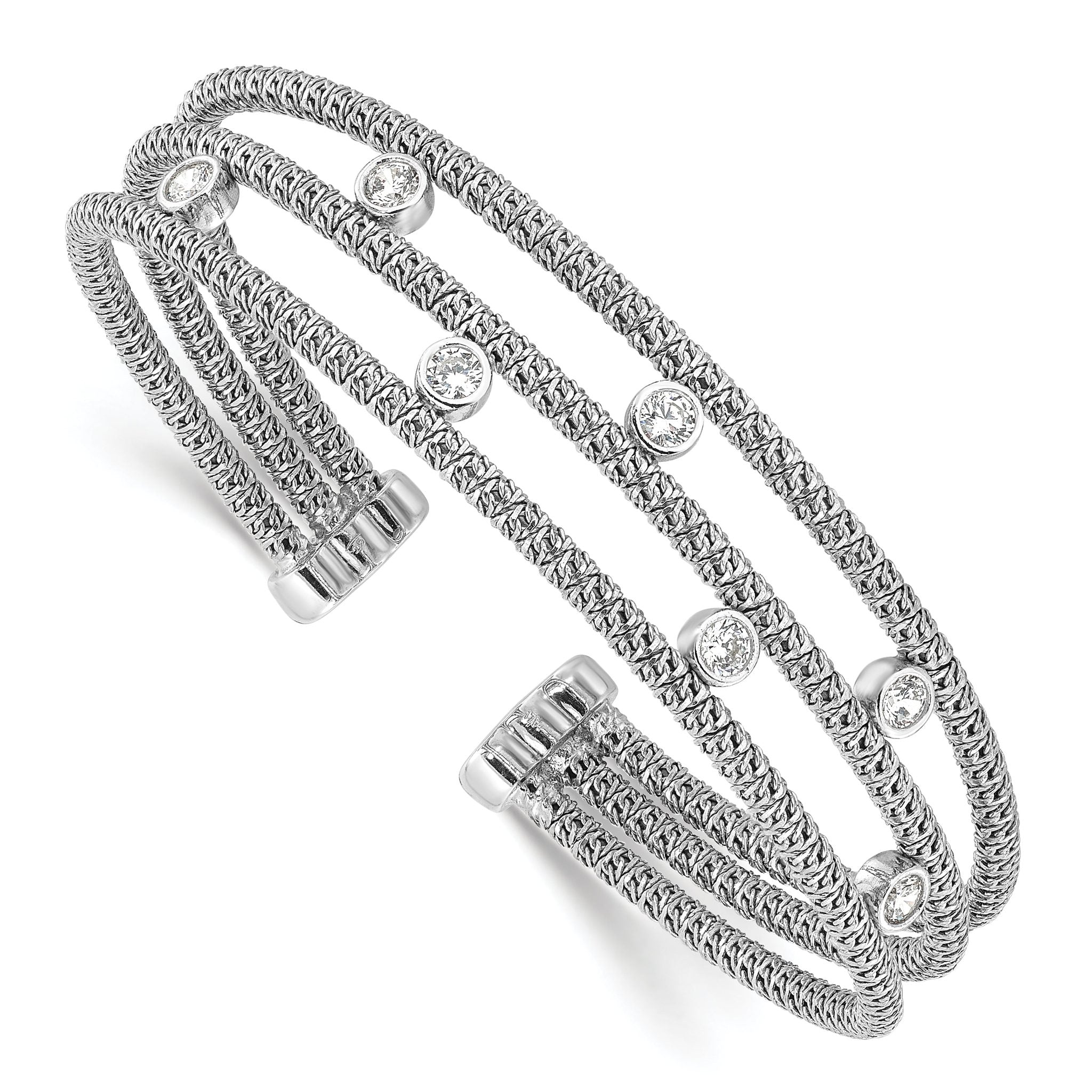 Sterling Silver Polished Rhodium-plated Textured 3 Band CZ Cuff Bracelet Main image