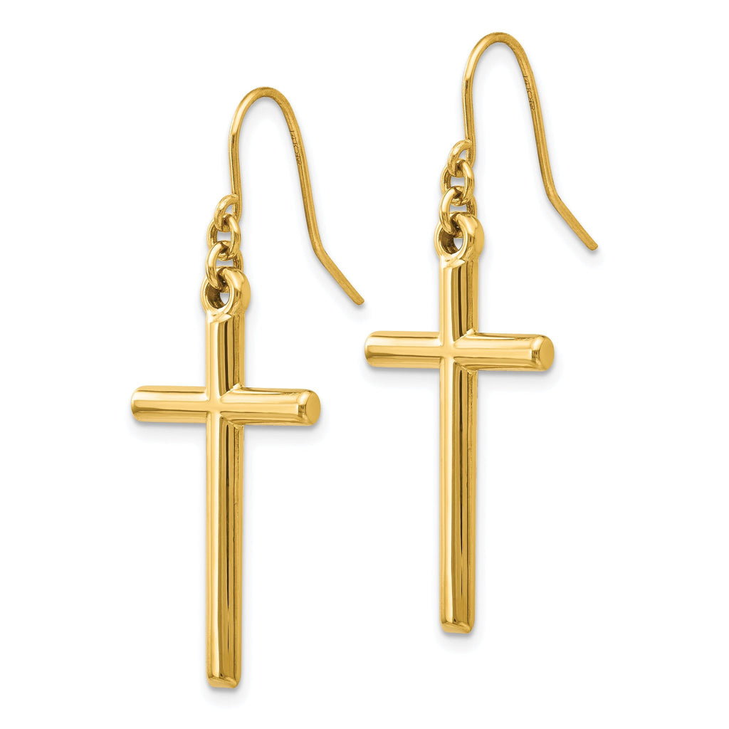 14K Gold Polished Cross Dangle Earrings for Women with French Wire