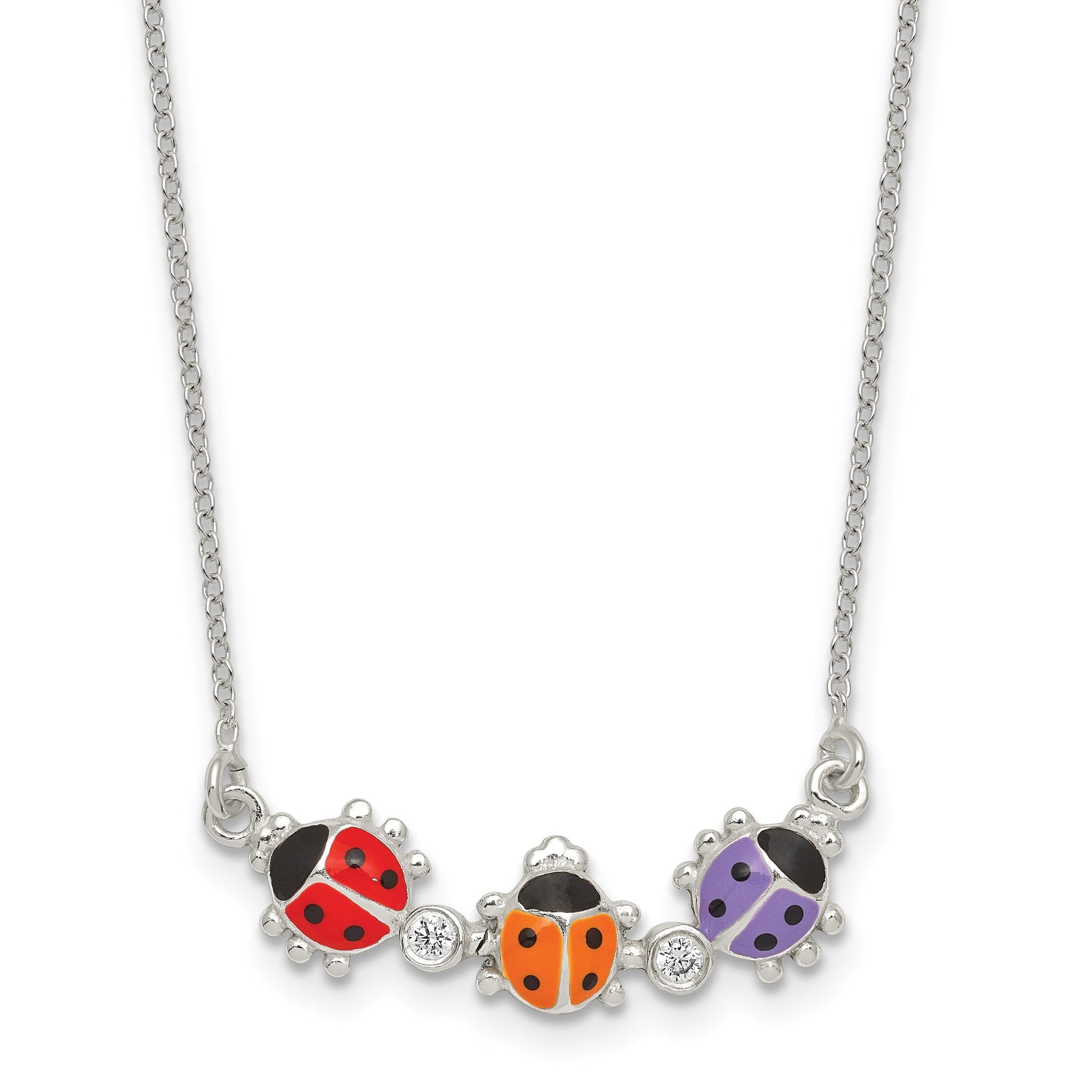 Sterling Silver Polished White CZ with Red/Orange/Purple Enameled Multicolor Ladybugs Childrens 14 inch Necklace Main image