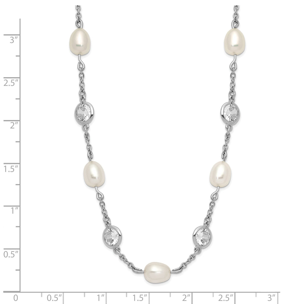 Cheryl Sterling Silver 36 Pearl CZ Necklace with Rhodium Polish