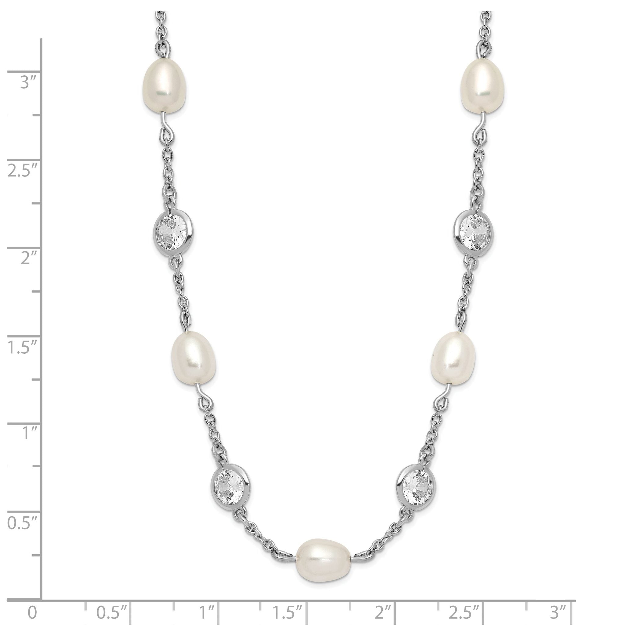 Cheryl Sterling Silver 36 Pearl CZ Necklace with Rhodium Polish