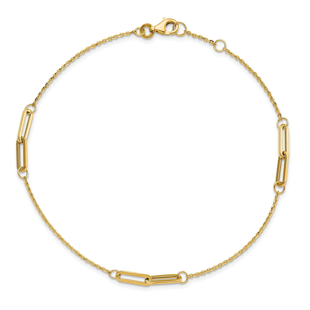 14K Paperclip Link 3-Station 9 inch Plus 0.5 inch Extender - Total 9.5 inch Anklet