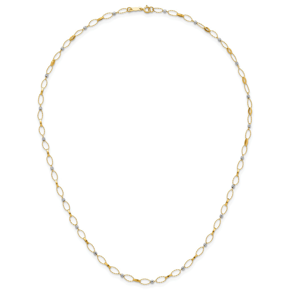 14k Two-tone Polished and Twisted Fancy Oval Links and Faceted Beads 18 inch Necklace