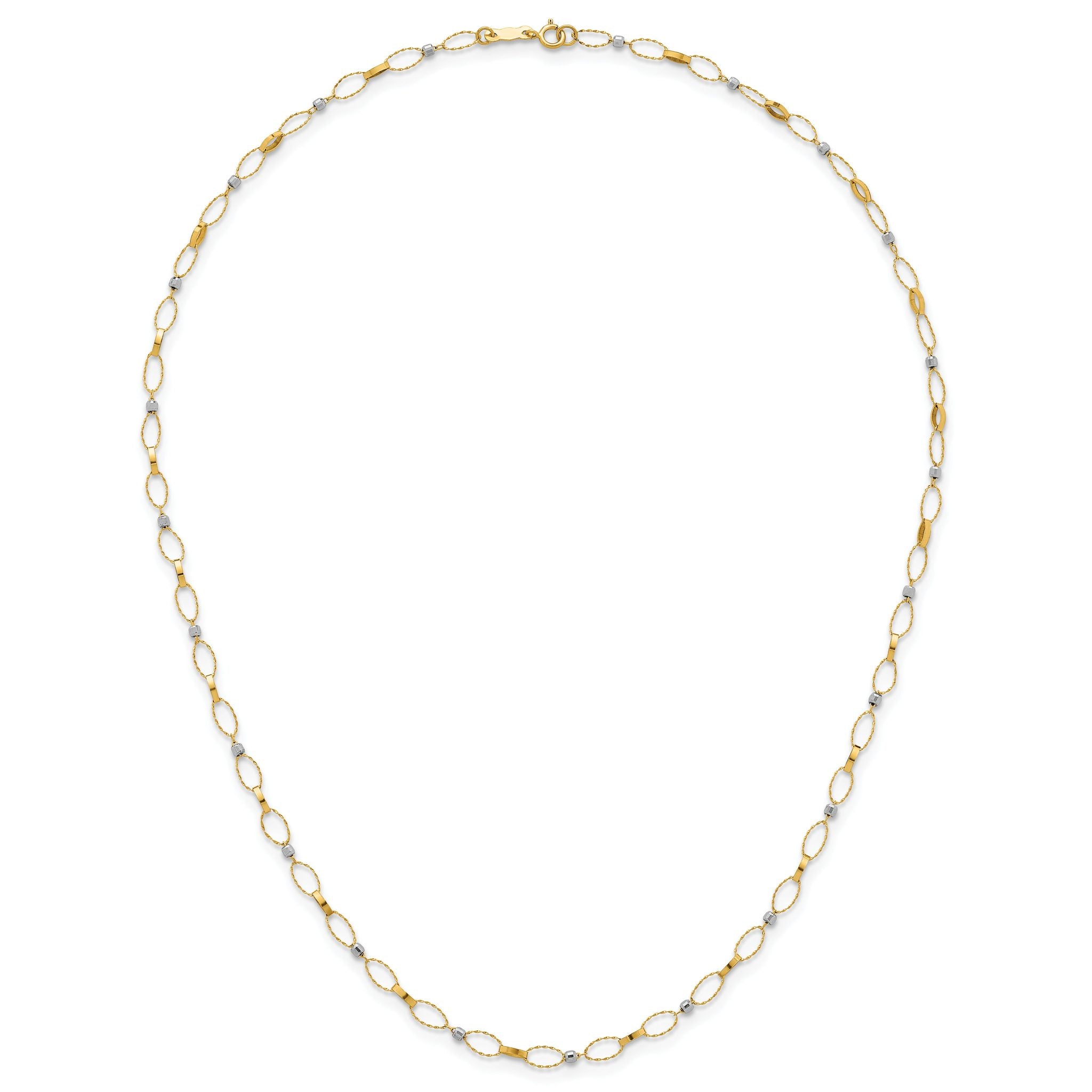 14k Two-tone Polished and Twisted Fancy Oval Links and Faceted Beads 18 inch Necklace